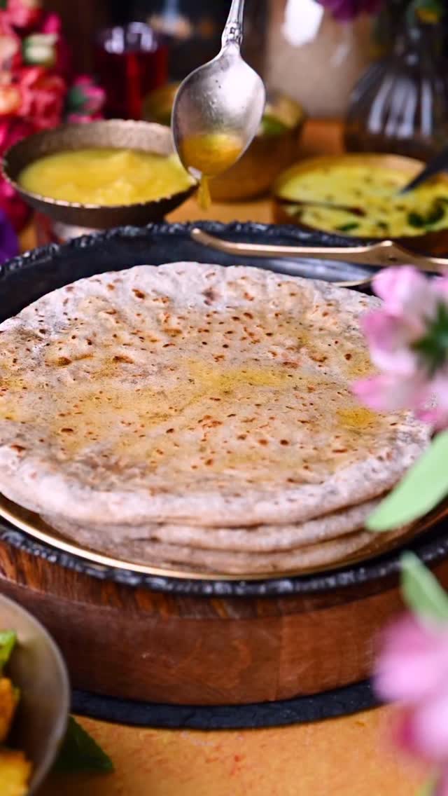 Puran Poli also known as Vedmi in Gujarat. 
This sweet Indian flat bread stuffed made with lentil and jaggery stuffing. Puran Poli usually served with dollop of ghee. Puran poli is a very popular in Maharashtra and Gujarat during Holi festival, both states have a different version.
.
Comment “PURAN POLI “ I’ll send detailed recipe in your inbox!
.
.
.