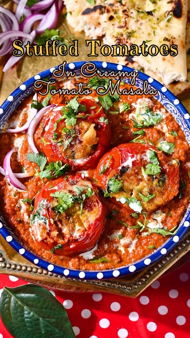 Bharwan Tamatar Masala 🍅 
Paneer Stuffed Tomatoes in Creamy Tomato Masala
.
If you love restaurant style paneer curries, you have to try these stuffed tomatoes. Juicy plum tomatoes filled with a creamy paneer and potato stuffing, simmered in a rich tomato masala with fresh cream and kasoori methi. Pure comfort food and it looks so pretty on the table too 🌿
.
💬 Comment “TOMATO” below and I will share the detailed recipe straight to your inbox!
.
👉 Follow @binjalsvegkitchen for easy vegetarian Indian recipes!