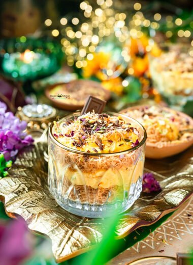 Kesar Pista Kunafa Phirni with Shaved Chocolate