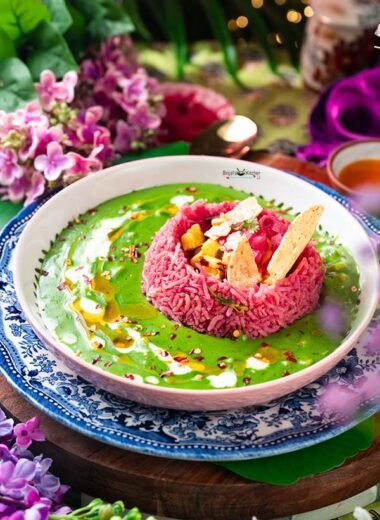Beetroot Garlic Rice With Creamy Spinach Corn Sauce
