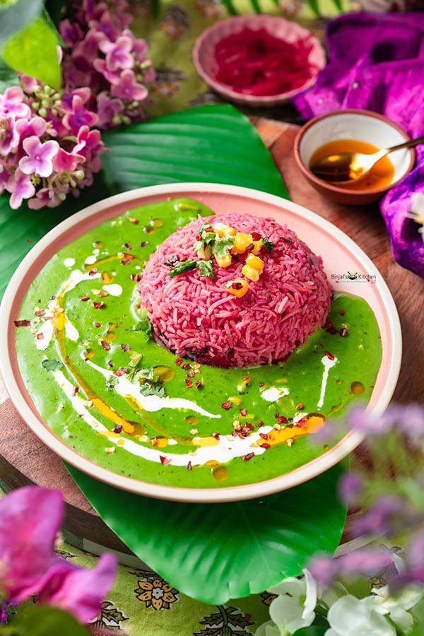 Beetroot Garlic Rice With Creamy Spinach Corn Sauce 