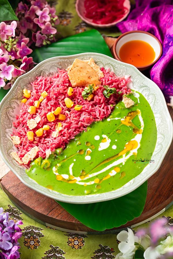 Beetroot Garlic Rice With Creamy Spinach Corn Sauce 