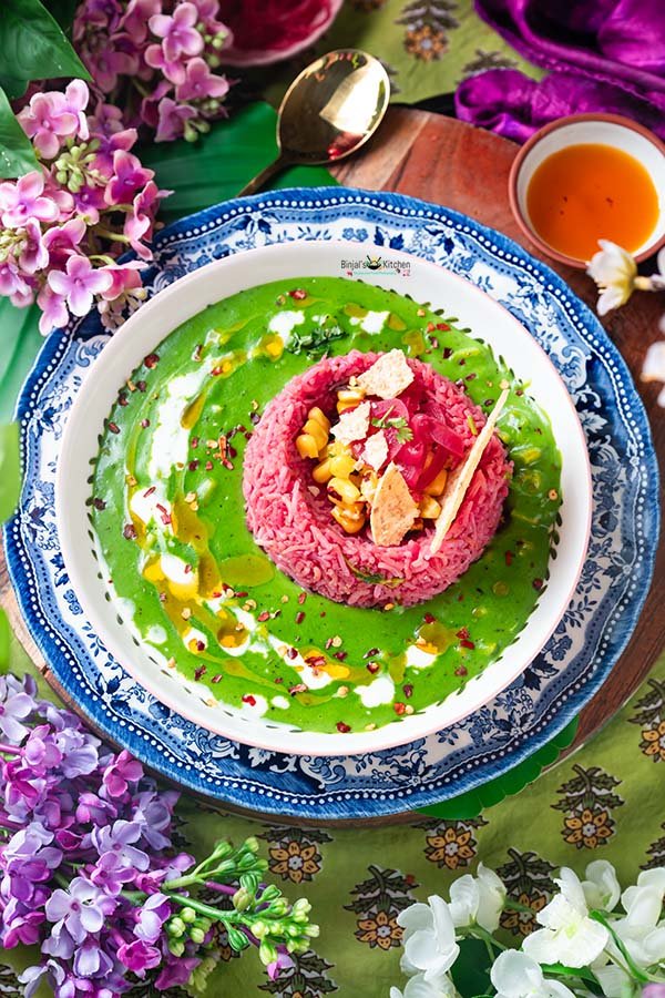 Beetroot Garlic Rice With Creamy Spinach Corn Sauce 