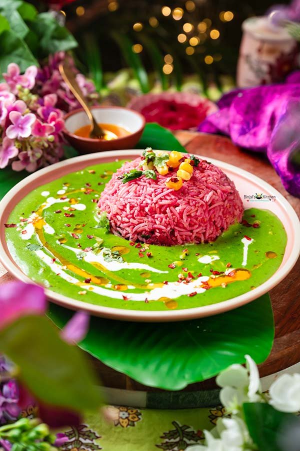 Beetroot Garlic Rice With Creamy Spinach Corn Sauce 