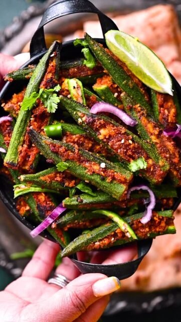 Bharwan Bhindi or Stuffed Okra or in Bharela Bhinda in Gujarati, is a simple way of relishing the okra or lady’s finger with stuffed spices. This stuffed bhindi is very popular in Gujarat, it is a spicy and irresistible side dish. Bharwan means stuffed and Bhindi means Okra. In this dish Okras are slit and stuffed with spices, it makes a lovely side dish with roti or paratha of choice.
.
Comment “ BHINDI “ I’ll send RECIPE to your inbox!
.
.
.
.
.
.