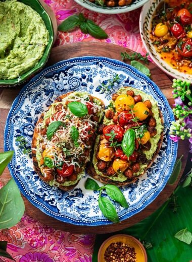 High Protein Avocado Toast with Crispy Chickpeas and Roasted Tomatoes