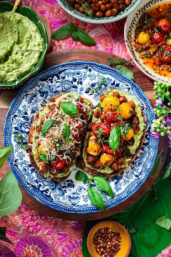 High Protein Avocado Toast with Crispy Chickpeas and Roasted Tomatoes
