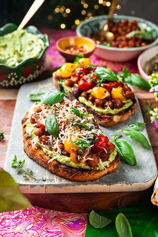 High Protein Avocado Toast with Crispy Chickpeas and Roasted Tomatoes