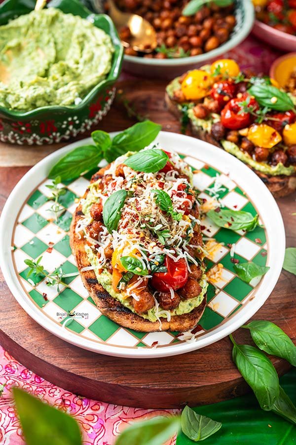 High Protein Avocado Toast with Crispy Chickpeas and Roasted Tomatoes