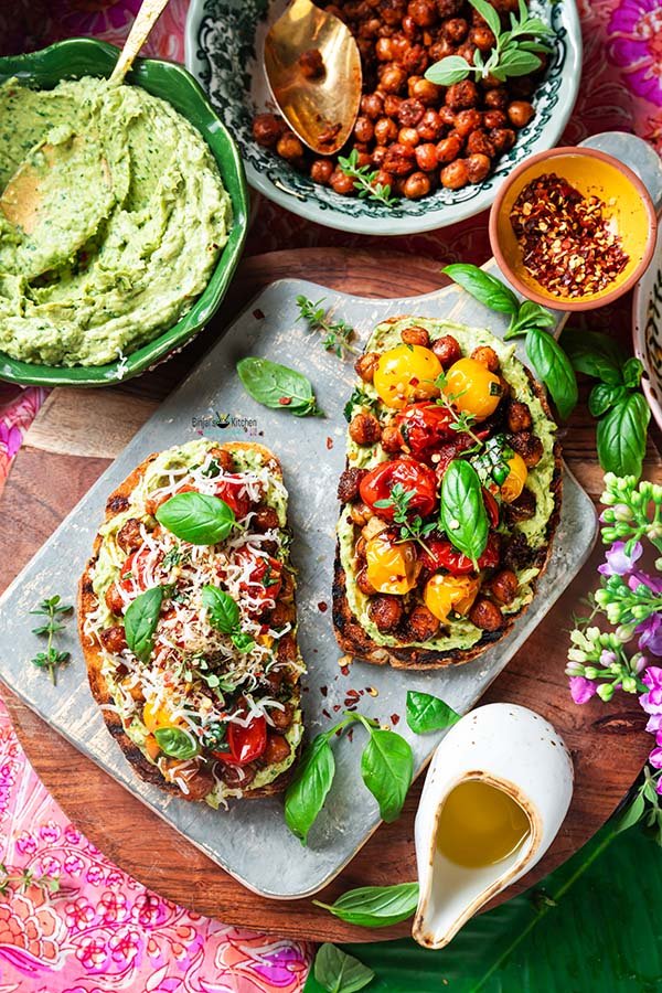 High Protein Avocado Toast with Crispy Chickpeas and Roasted Tomatoes