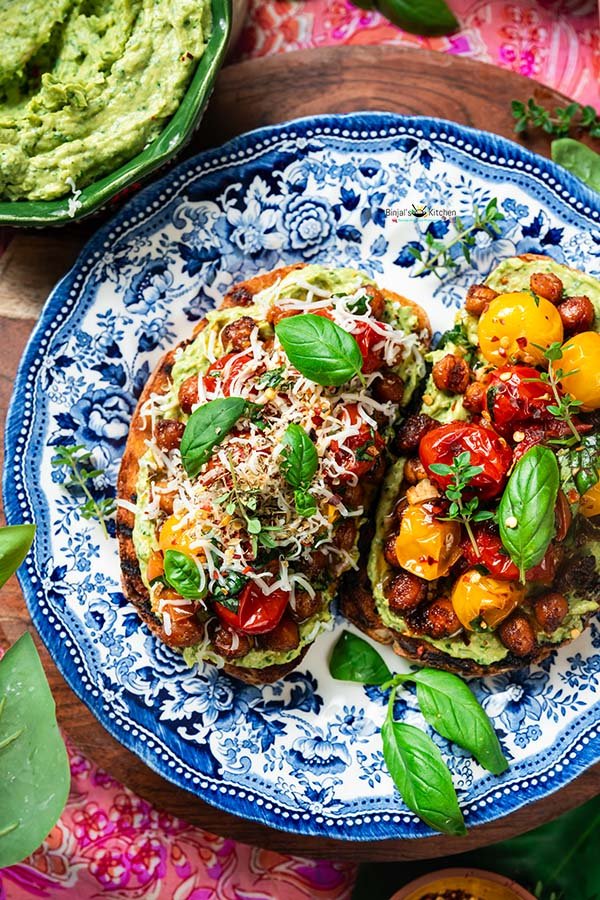 High Protein Avocado Toast with Crispy Chickpeas and Roasted Tomatoes