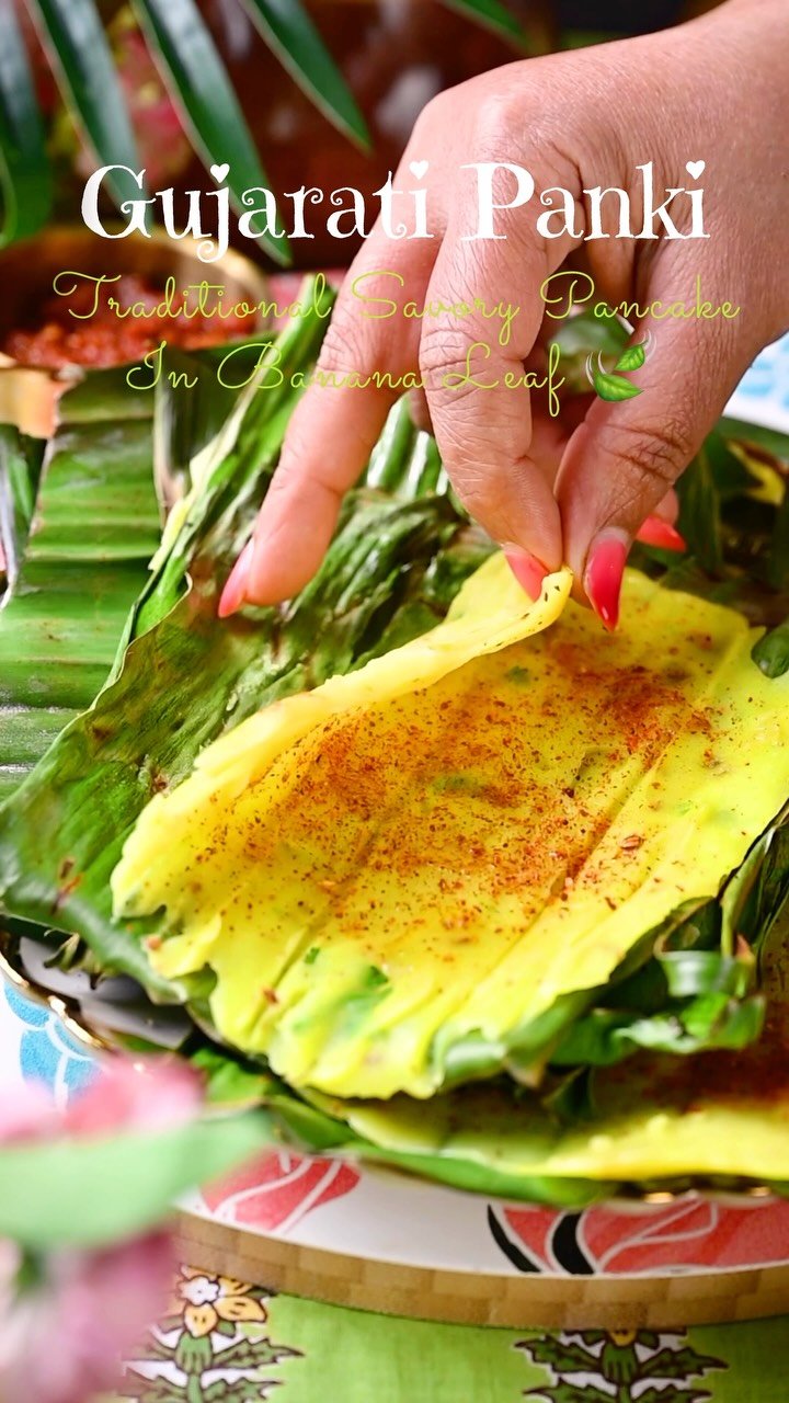 Gujarati Panki
Steamed savory pancakes cooked between banana leaves! 
Soft, fragrant, and packed with flavor, made with rice flour, urad dal flour, spiced yogurt batter, and fresh coriander. Topped with peanut oil and sambharyo masala, served with green chutney, this is tradition at its tastiest! 
.
If you’ve never tried Panki before, now’s the time to fall in love with this Gujarati gem!
.
Comment “PANAKI” and I’ll inbox you the full recipe!