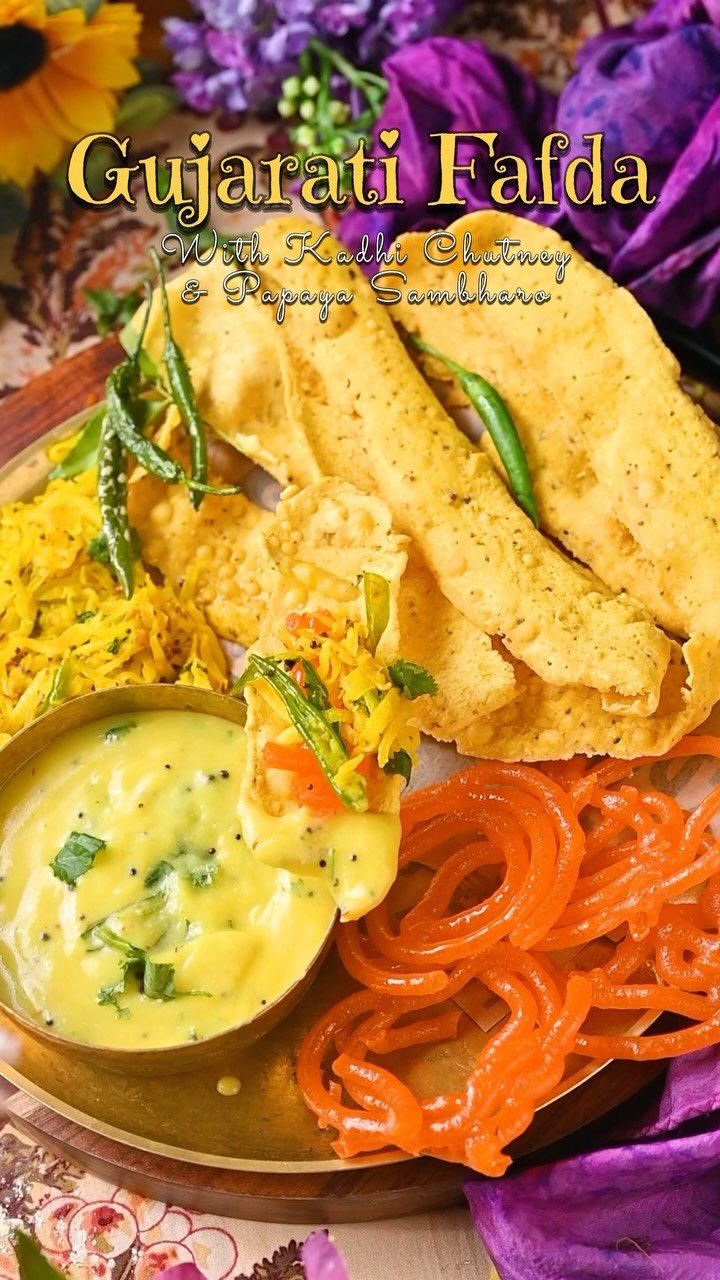 Gujarati Fafda, Papaya Sambharo and Farsan Kadhi Chutney 😍💛 Dussehra Special
.
A classic Gujarati farsan platter that always hits the spot! Crispy homemade fafda, tangy raw papaya sambharo and delicious farsan kadhi chutney served together for the ultimate Gujarati treat. And of course a little sweet touch with jalebi makes it even more special! Perfect for Dussehra, festive mornings or whenever you crave authentic Gujarati flavors ❤️
.
Which one would you grab first? 😋
.

💬 Comment “ RECIPE ” below and I will send you the recipes straight to your inbox!
.
.
.
👉 Follow @binjalsvegkitchen for authentic Gujarati recipes!